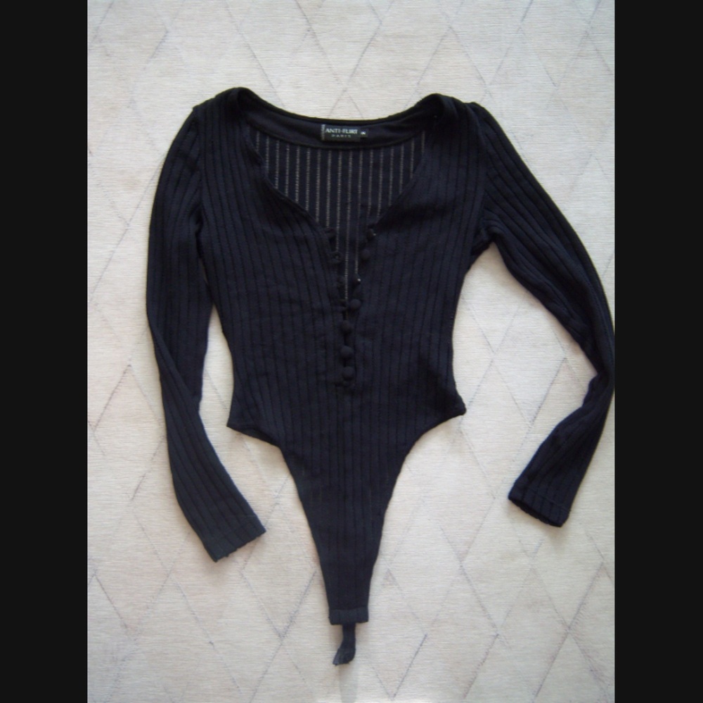 Vintage French Anti-Flirt Thong Long Sleeve Mesh Panel Bodysuit